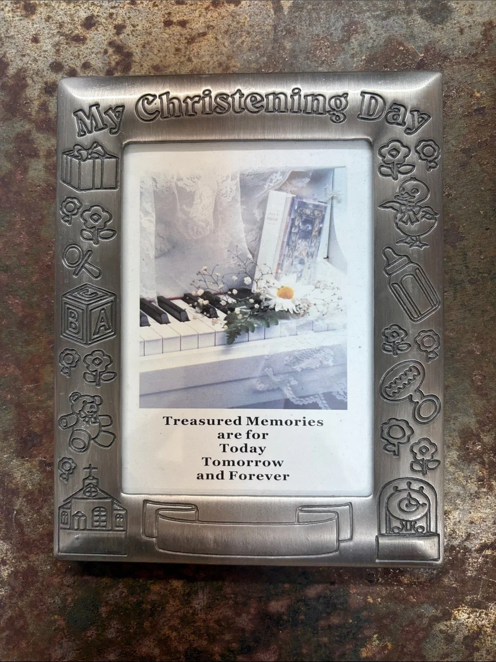 My Christening Day Silver Plate Photo Frame. Embossed Details & Customizable 4x6